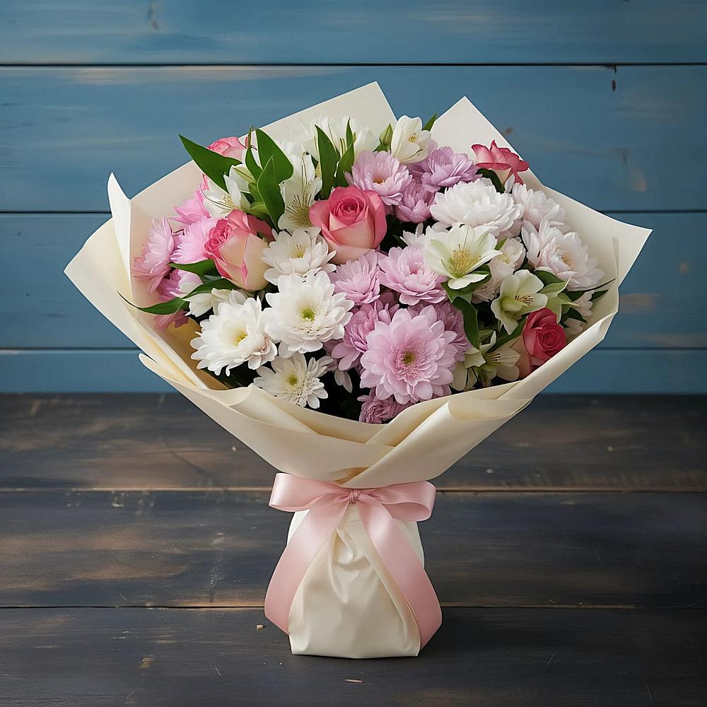 Букет цветов из: Хризантемы, Альстромерии и Розы в Сысерти